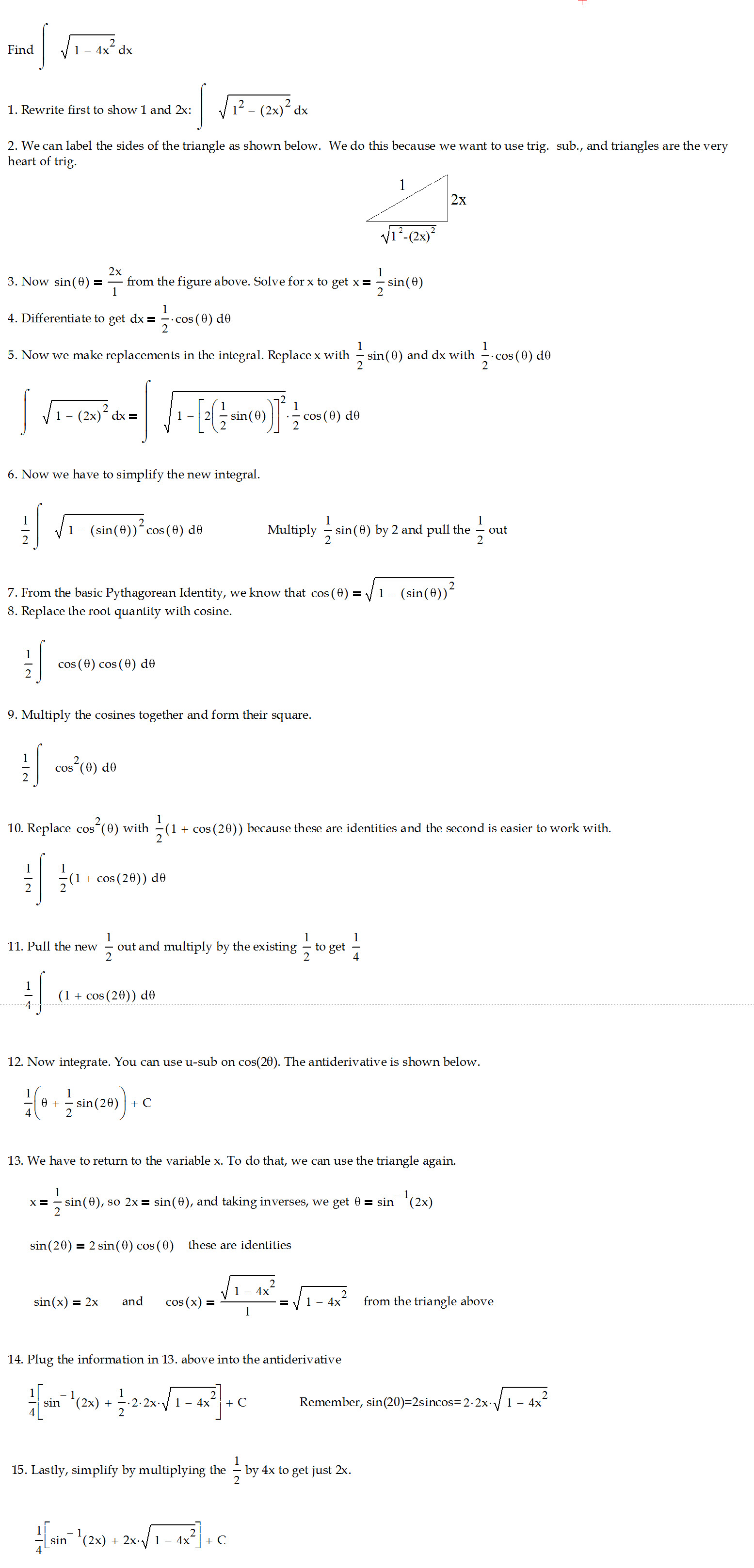 integral sqrt(1-4x^2) detailed steps