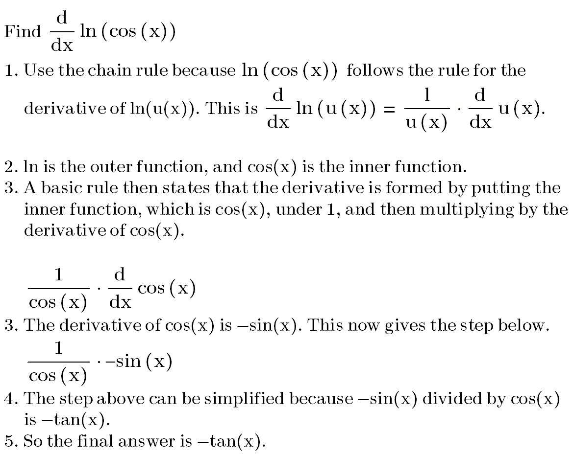 Step by step directions for finding the derivative of ln(cos(x))