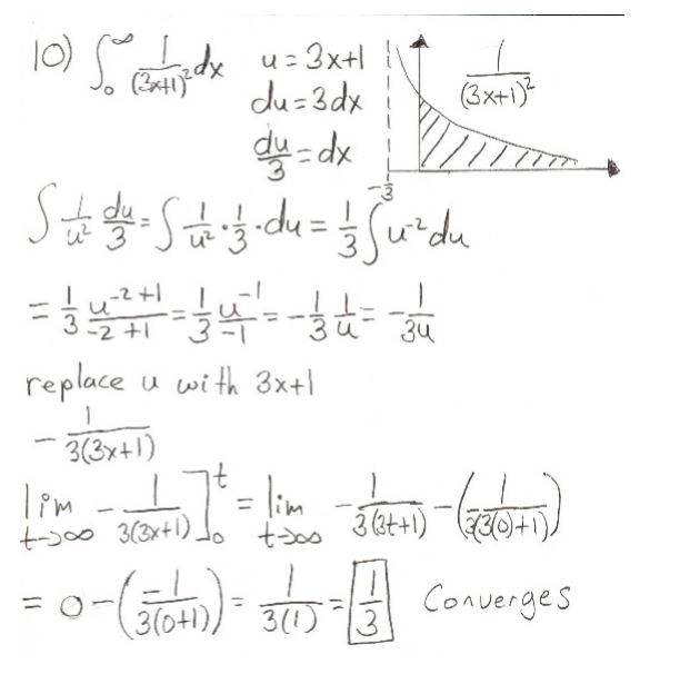 Improper integral of 1/(3x+1)^2 from x=0 to x=infinity. It's done very carefully step by step. There is a graph included. 