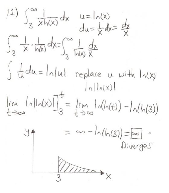 1/xln(x) from x=3 to x=infinity, improper integral done step by step, with graph