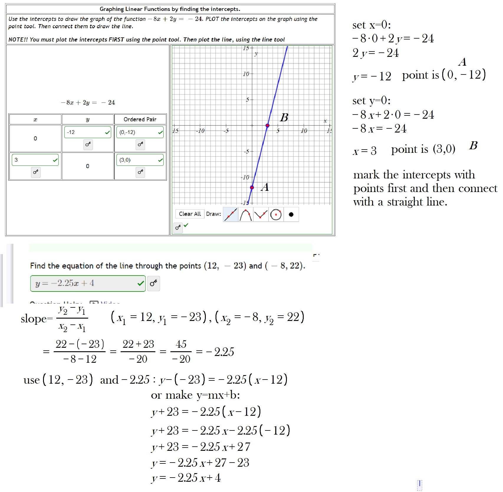 graphing a line by xy intercepts and making the equation of a line from two points