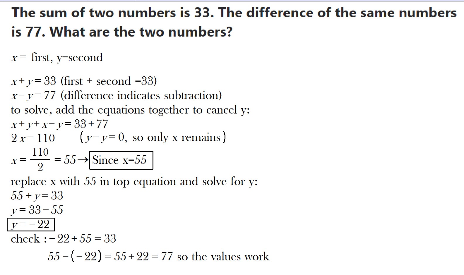 two numbers add up to 33 and the difference is 77