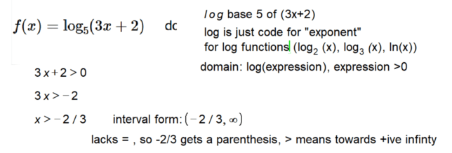 The domain of the function f(x) = log base 5 of (3x + 2) is all real numbers where 3x + 2 is greater than 0. Solving for x gives x > -2/3.

Keywords for SEO: Domain, Function, Real Numbers, Greater Than, Logarithm, Base 5, Mathematics, Algebra, Solve, Value, Variable, Equation.




