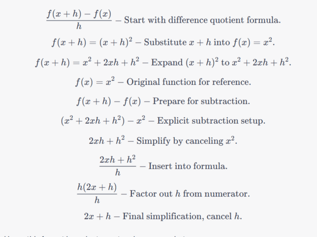 Step-by-step calculation of the difference quotient for the quadratic function f(x) = x², simplifying to an average rate of change of 2x + h.