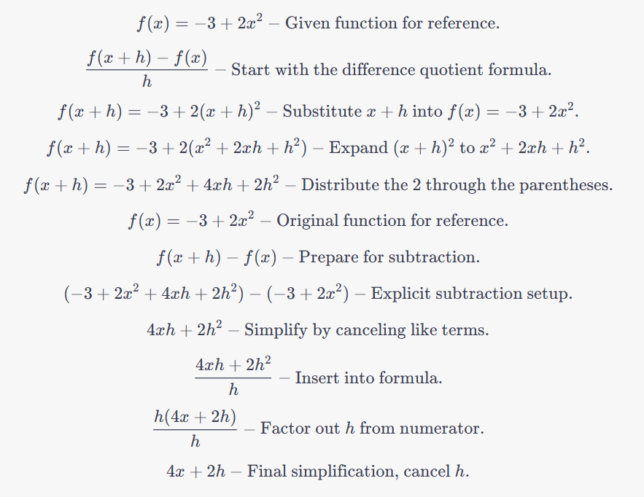 Step-by-step calculation of the difference quotient for the quadratic function f(x) = -3 + 2x². Starting with the formula, we substitute x + h, expand and simplify to find the difference quotient is 4x + 2h.